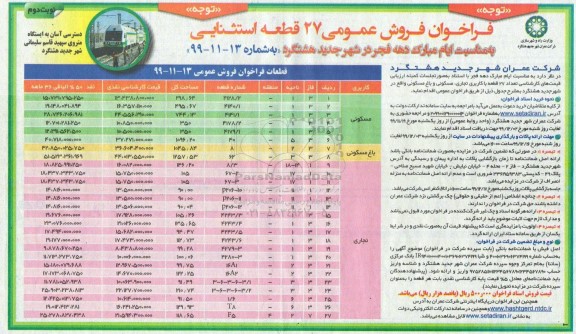 فراخوان فروش عمومی 27 قطعه استثنایی با کاربری مسکونی - باغ مسکونی - تجاری 