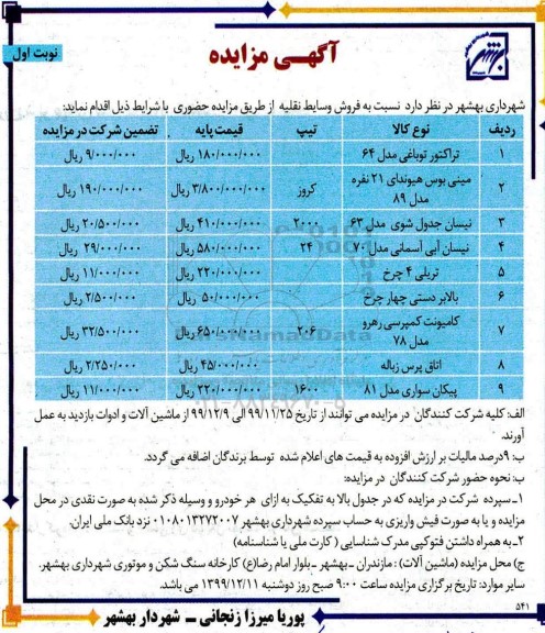مزایده, مزایده فروش وسایط نقلیه 