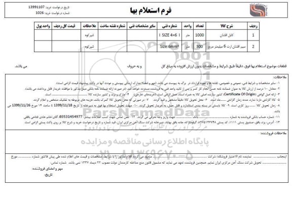 استعلام, استعلام کابل افشان و...