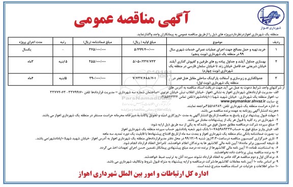 مناقصه ، مناقصه خرید، تهیه و حمل مصالح جهت اجرای عملیات عمرانی خدمات شهری ....
