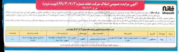 مزایده،مزایده فروش املاک مسکونی نوبت دوم