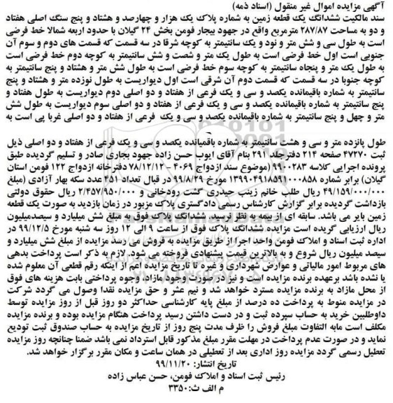 مزایده،مزایده ششدانگ یک قطعه زمین 287.87 مترمربع 