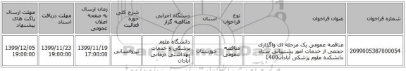 مناقصه عمومی یک مرحله ای واگذاری حجمی از خدمات امور پشتیبانی ستاد دانشکده علوم پزشکی آبادان1400