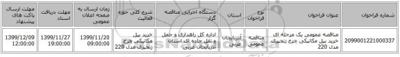 مناقصه عمومی یک مرحله ای خرید بیل مکانیکی چرخ زنجیری مدل 220