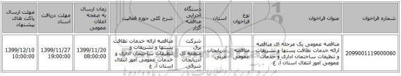 مناقصه عمومی یک مرحله ای مناقصه ارائه خدمات نظافت پستها و تشریفات و تنظیفات ساختمان اداری و خدمات عمومی امور انتقال استان آ. غ 