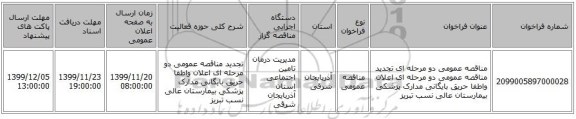 مناقصه عمومی دو مرحله ای تجدید مناقصه عمومی دو مرحله ای اعلان واطفا حریق بایگانی مدارک پزشکی بیمارستان عالی نسب تبریز