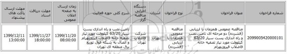 مناقصه عمومی همزمان با ارزیابی (فشرده) دو مرحله ای تامین،نصب و راه اندازی پست سیار 63/20 کیلوولت مورد نیاز تصفیه خانه فاضلاب فیروزبهرام 