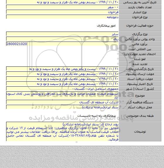 استعلام قیمت: عملیات مرمت و بازسازی سد انحرافی و پوشش بتنی کانال استون آباد