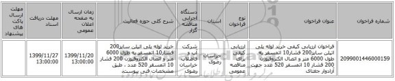 فراخوان ارزیابی کیفی خرید لوله پلی اتیلن سایز200 فشار10 اتمسفر به طول 6000 متر و اتصال الکتروفیوژن 200 فشار 10 اتمسفر 520 عدد جهت آزادوار جغتای 