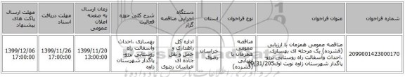 مناقصه عمومی همزمان با ارزیابی (فشرده) یک مرحله ای بهسازی ،احداث وآسفالت راه روستایی برزو-پاگدار شهرستان زاوه نوبت اول99/31/205