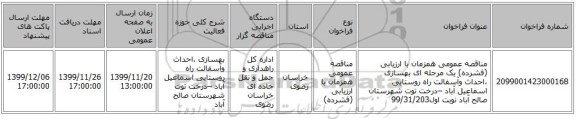 مناقصه عمومی همزمان با ارزیابی (فشرده) یک مرحله ای بهسازی ،احداث وآسفالت راه روستایی اسماعیل آباد –درخت توت شهرستان صالح آباد   نوبت اول99/31/203 