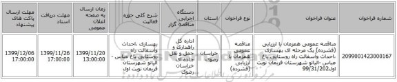 مناقصه عمومی همزمان با ارزیابی (فشرده) یک مرحله ای بهسازی ،احداث وآسفالت راه روستایی باغ عباس -الیاتو شهرستان فریمان نوبت اول99/31/202