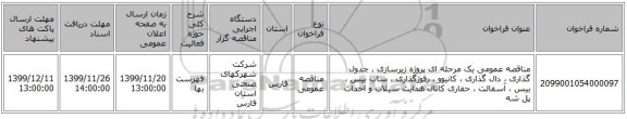 مناقصه عمومی یک مرحله ای  پروژه زیرسازی ، جدول گذاری ، دال گذاری ، کانیوو ، رفوژگذاری ، ساب بیس ، بیس ، آسفالت ، حفاری کانال هدایت سیلاب و احداث پل شه