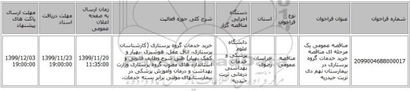 مناقصه عمومی یک مرحله ای مناقصه خرید خدمات گروه پرستاری در بیمارستان نهم دی تربت حیدریه 