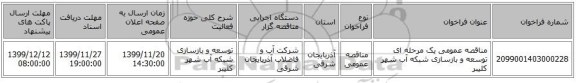 مناقصه عمومی یک مرحله ای توسعه و بازسازی شبکه آب شهر کلیبر