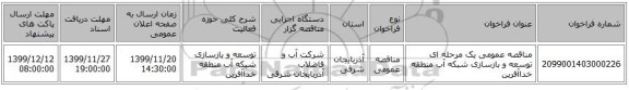 مناقصه عمومی یک مرحله ای توسعه و بازسازی شبکه آب منطقه خداآفرین