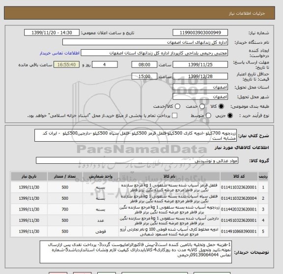 استعلام زردچوبه 700کیلو -ادویه کاری 500کیلو-فلفل قرمز 500کیلو -فلفل سیاه 500کیلو -دارچین500کیلو  - ایران کد مشابه است 