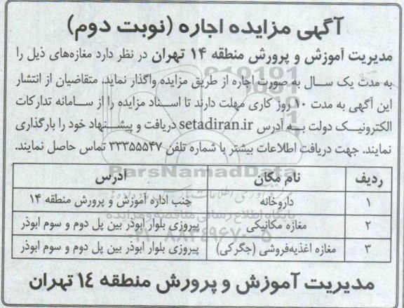 مزایده، مزایده واگذاری به اجاره مغازه ...- نوبت دوم 