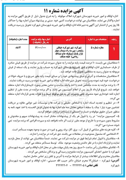 مزایده , مزایده اجاره مغازه شماره 5