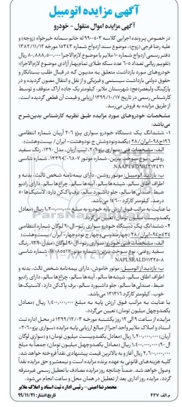 مزایده ششدانگ یک دستگاه خودرو سواری پژو 206