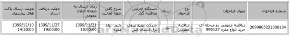 مناقصه عمومی دو مرحله ای خرید انواع مقره 990127
