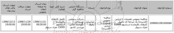 مناقصه عمومی همزمان با ارزیابی (فشرده) یک مرحله ای تکمیل کارهای باقیمانده استادیوم 15000 نفری سبزوار 
