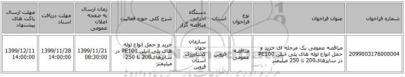 مناقصه، مناقصه عمومی یک مرحله ای خرید و حمل انواع لوله های پلی اتیلن PE100 , سامانه تدارکات الکترونیکی دولت