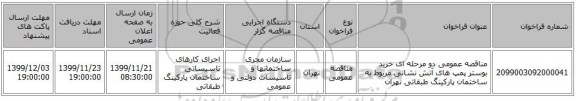 مناقصه عمومی دو مرحله ای خرید بوستر پمپ های آتش نشانی مربوط به ساختمان پارکینگ طبقاتی تهران