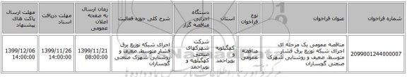 مناقصه عمومی یک مرحله ای اجرای شبکه توزیع برق فشار متوسط، ضعیف و روشنایی شهرک صنعتی گچساران
