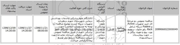 مناقصه عمومی دو مرحله ای خرید تجهیزات Active و Passive شبکه شامل Rack، پاور ماژول، سوویچ، روتر بورد، پیچ و مهره، پیگتل و ... جهت بیمارستان سیدالشهداء 