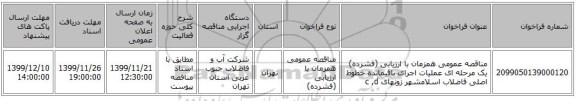 مناقصه عمومی همزمان با ارزیابی (فشرده) یک مرحله ای عملیات اجرای باقیمانده خطوط اصلی فاضلاب اسلامشهر زونهای c ,d