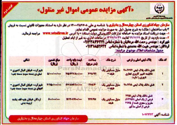 مزایده،مزایده فروش 3 باب ساختمان مسکونی نوبت دوم