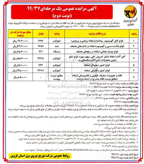 مزایده فروش انواع کابل آلومینیوم روکشدار اسقاط (روغنی و پرتودور) و ...نوبت دوم