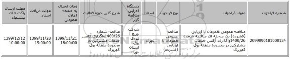 مناقصه عمومی همزمان با ارزیابی (فشرده) یک مرحله ای مناقصه شماره 1400/26واگذاری آژانس خدمات مشترکین در محدوده منطقه برق کهریزک