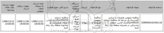مناقصه عمومی همزمان با ارزیابی (فشرده) یک مرحله ای مناقصه شماره 1400/20واگذاری آژانس خدمات مشترکین در محدوده منطقه برق رباط کریم