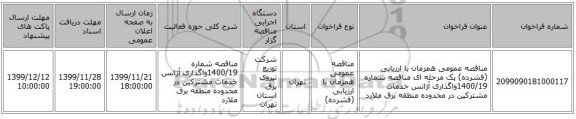 مناقصه عمومی همزمان با ارزیابی (فشرده) یک مرحله ای مناقصه شماره 1400/19واگذاری آژانس خدمات مشترکین در محدوده منطقه برق ملارد