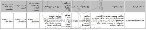 مناقصه عمومی همزمان با ارزیابی (فشرده) یک مرحله ای مناقصه شماره 1400/6واگذاری آژانس خدمات مشترکین در محدوده مناطق برق فیروزکوه و دماوند
