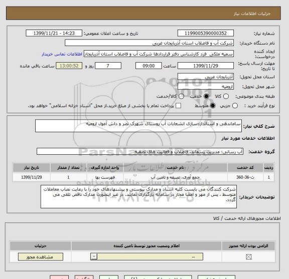 استعلام ساماندهی و استانداردسازی انشعابات آب روستای شهرک نصر و داش آغول ارومیه