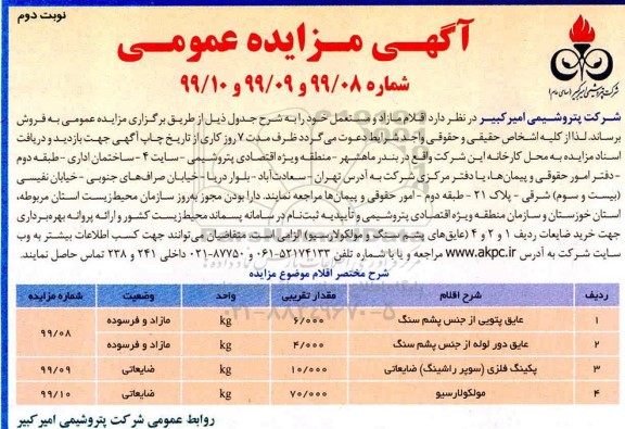 مزایده اقلام مازاد و مستعمل نوبت دوم 