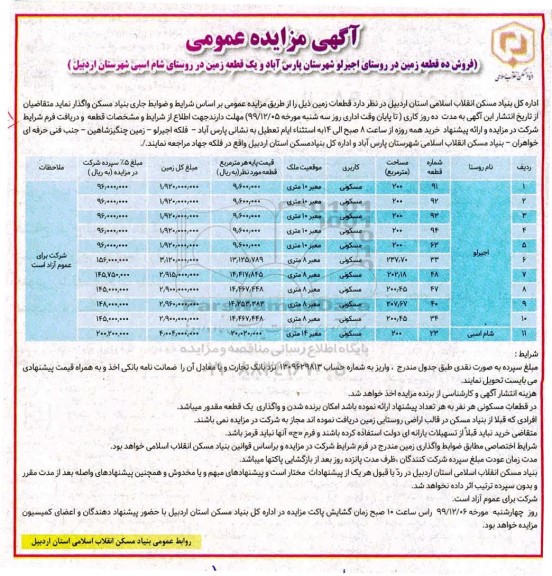 آگهی مزایده، مزایده فروش ده قطعه زمین مسکونی