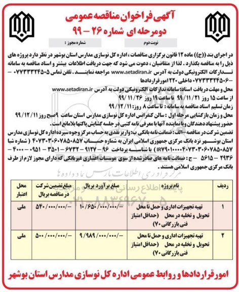 آگهی فراخوان مناقصه ,فراخوان مناقصه تهیه تجهیزات اداری و حمل تا محل تحویل و تخلیه ...- نوبت دوم