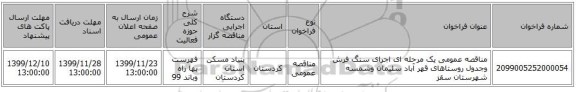 مناقصه عمومی یک مرحله ای اجرای سنگ فرش وجدول  روستاهای قهر آباد سلیمان وشمسه شهرستان سقز