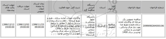 مناقصه عمومی یک مرحله ای واگذاری آماده سازی،طبخ و توزیع غذا مورد نیاز مرکز پزشکی ، آموزشی و درمانی توحیددر سال 1400