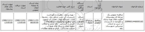 مناقصه عمومی یک مرحله ای برونسپاری فعالیت های بهره برداری و نگهداری از تاسیسات آب شرب و خدمات مشترکین شهرستان زاوه
