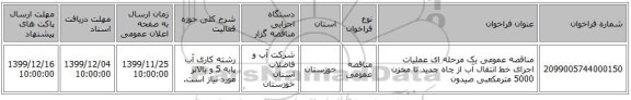 مناقصه عمومی یک مرحله ای عملیات اجرای خط انتقال آب از چاه جدید تا مخزن 5000 مترمکعبی صیدون