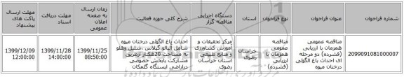 مناقصه عمومی همزمان با ارزیابی (فشرده) دو مرحله ای احداث باغ الگوئی درختان میوه 