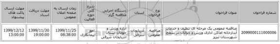 مناقصه عمومی یک مرحله ای تنظیف و خدمات آبدارخانه اماکن اداری ورزش و جوانان در سطح شهرستان تبریز
