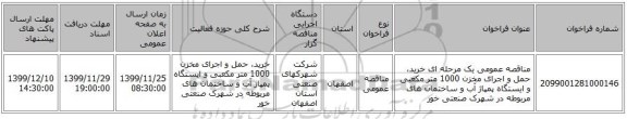 مناقصه عمومی یک مرحله ای خرید، حمل و اجرای  مخزن 1000 متر مکعبی  و ایستگاه پمپاژ آب و ساختمان های مربوطه در شهرک صنعتی خور 
