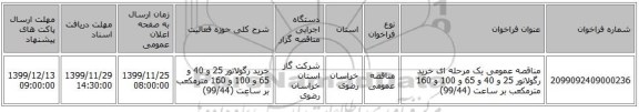 مناقصه عمومی یک مرحله ای خرید رگولاتور 25 و 40 و 65 و 100 و 160 مترمکعب بر ساعت (99/44)