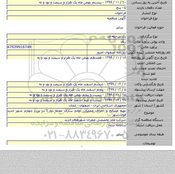 تهیه مصالح و اجرای عملیات آماده سازی محله دیار ۳ در برزن چهارم شهر جدید فولادشهر